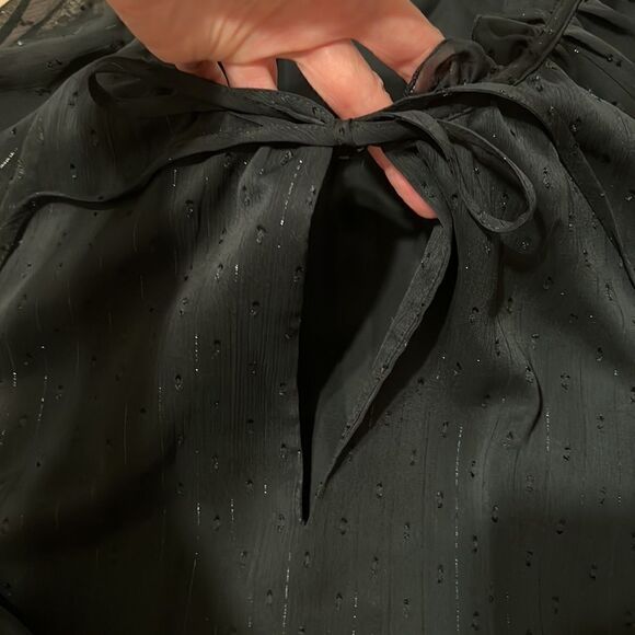 Sanctuary szXL black sheer LS blouse ties at neck Swiss dots/silver threads EUC - Picture 3 of 9